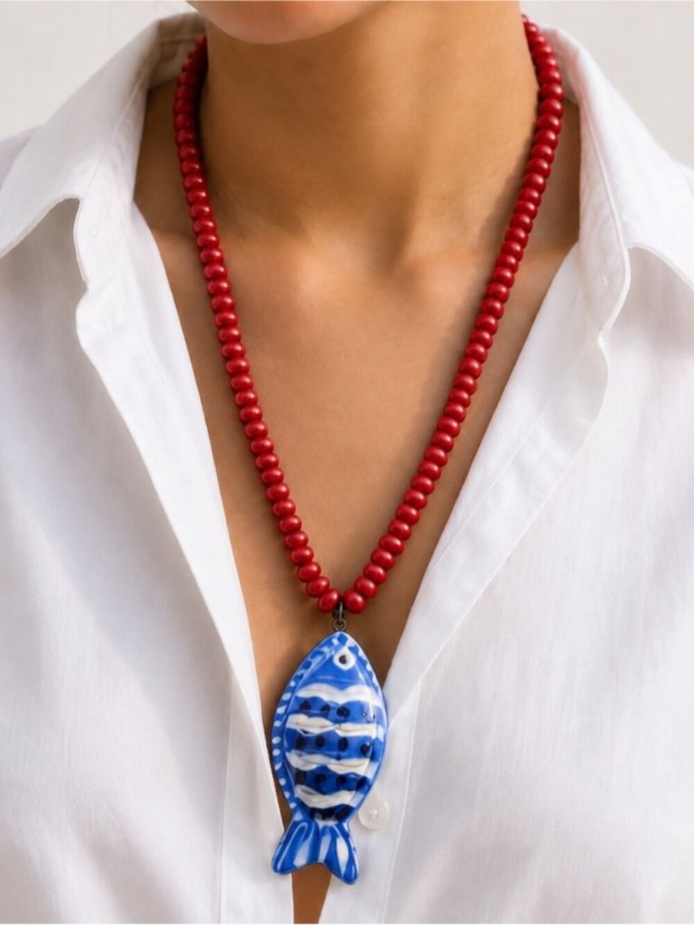 New! Coastal Colorful Red Beaded Fish Necklace NWOT